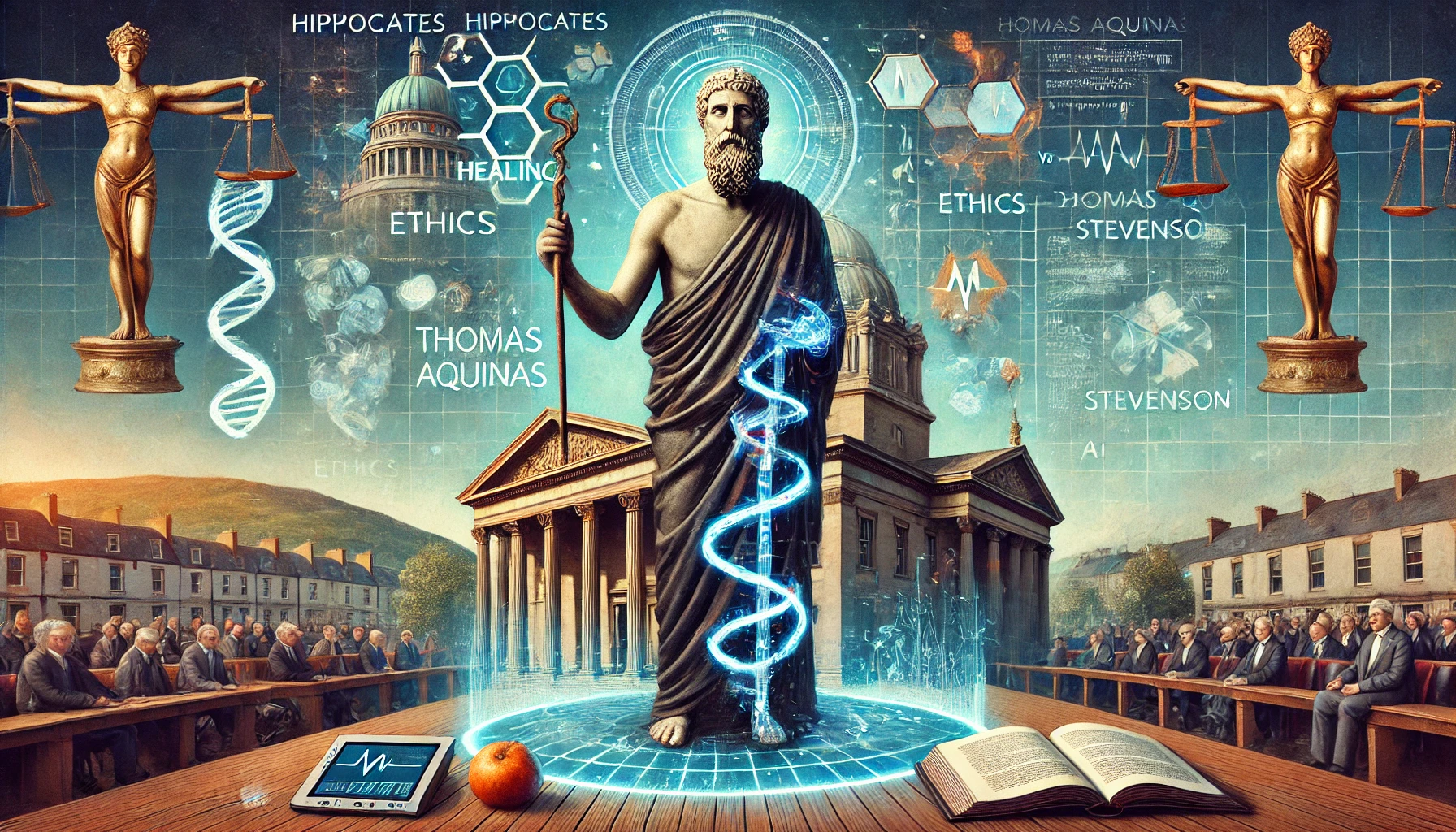 DALL·E 2024-12-30 02.35.54 - An artistic representation of personal injury law and ethics, inspired by Hippocrates and Thomas Aquinas. The image features a classical courthouse